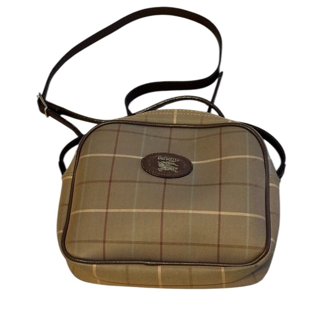 Burberry’s Vintage Brown Plaid Canvas Crossbody Leather Trim Authentic - Picture 4 of 7